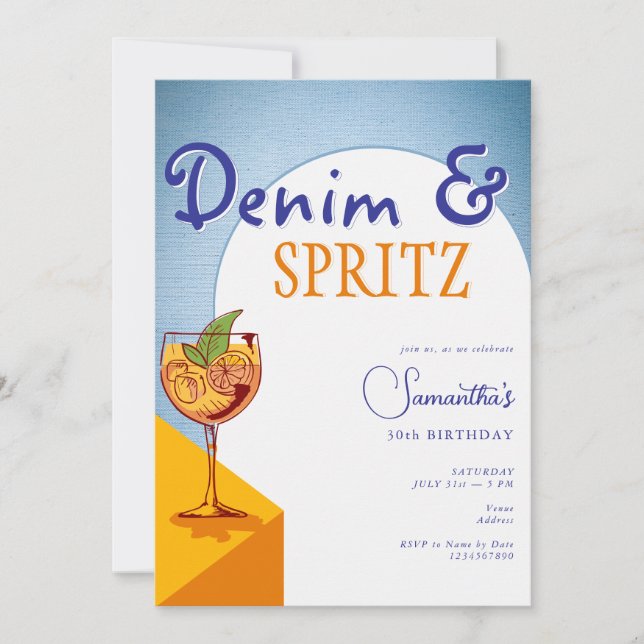 Modern Elegant Arch Denim & Spritz Summer Birthday Invitation (Front)