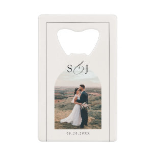 Modern Elegant Arch Photo Script Wedding Favour Credit Card Bottle Opener