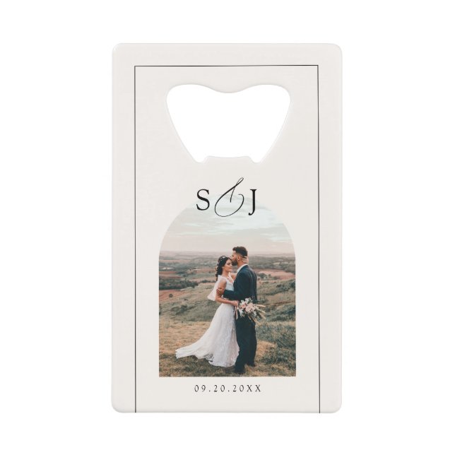Modern Elegant Arch Photo Script Wedding Favour Credit Card Bottle Opener (Front)