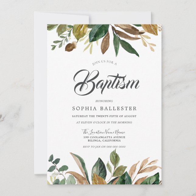 Modern Elegant Autumn Fall Leaves Baptism Invitation (Front)