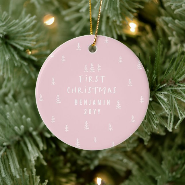 modern elegant baby first christmas girly pink ceramic ornament (Tree)