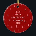 modern elegant baby first christmas red ceramic ornament<br><div class="desc">Baby's First Christmas holiday design. Hand drawn christmas tree pattern with space for babies name photograph and other details on the back.
part of a collection.</div>