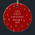 modern elegant baby first christmas red ceramic ornament<br><div class="desc">Baby's First Christmas holiday design. Hand drawn christmas tree pattern with space for babies name photograph and other details on the back.
part of a collection.</div>