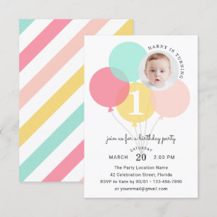 Modern Elegant Balloons First 1st Photo Birthday Invitation