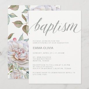Modern Elegant Baptism Delicate Floral Back Invitation