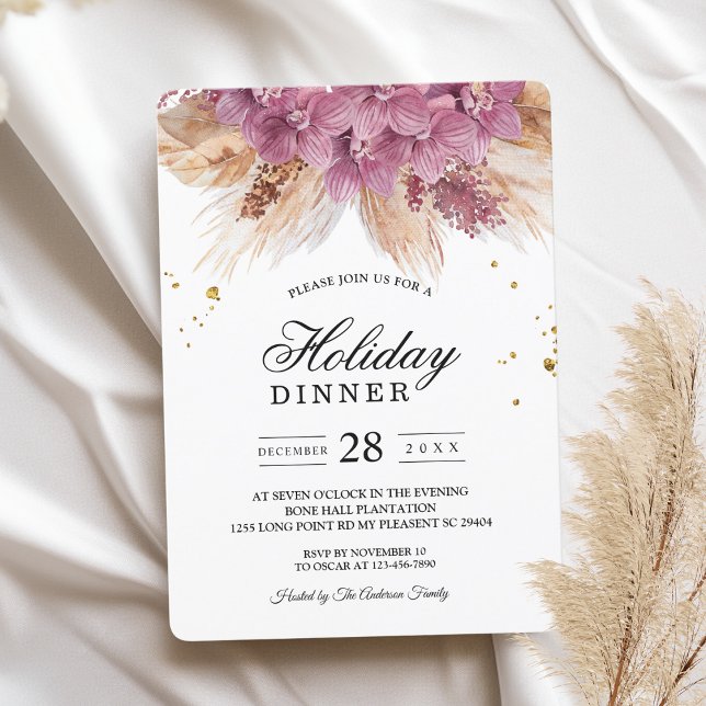 Modern Elegant Beauty Pink Orchid & Pampas & Gold  Invitation (Creator Uploaded)