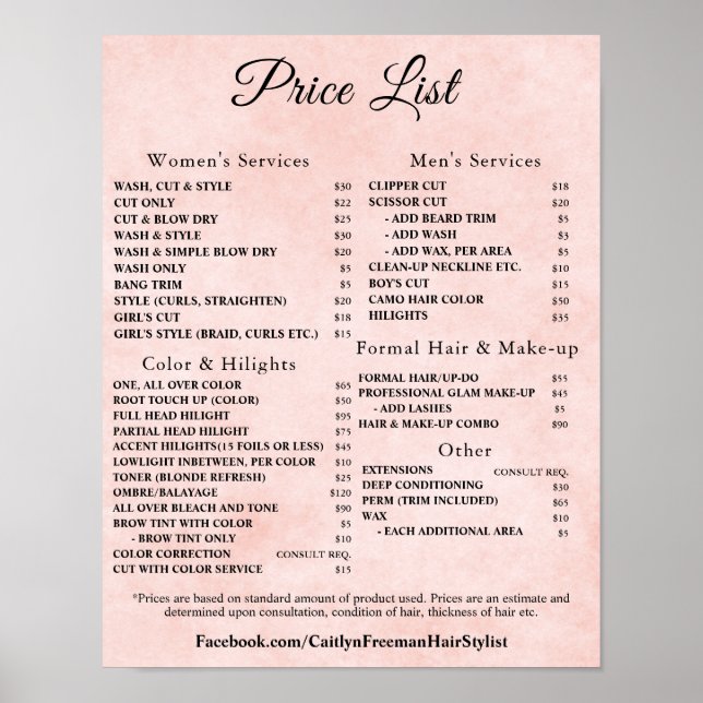 Modern Elegant Beauty Salon Price List Poster (Front)