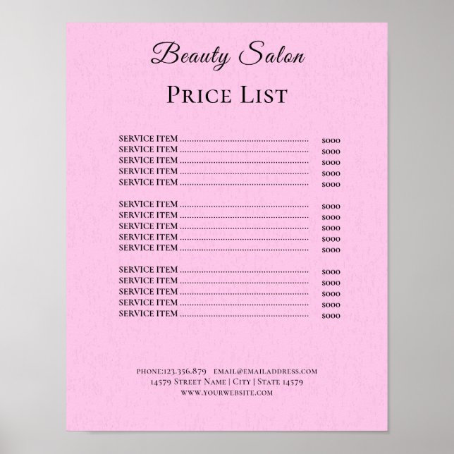 Modern Elegant Beauty Salon Price List Poster (Front)