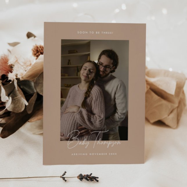 Modern Elegant Beige Script Photo Pregnancy Announcement (Creator Uploaded)