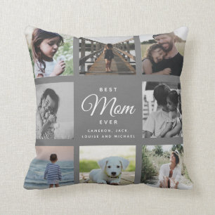 Modern Elegant Best Mom Ever Grey Photo Collage Throw Pillow