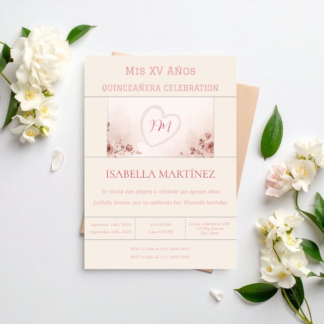 Modern Elegant Bilingual Quinceanera Birthday Invitation (Creator Uploaded)