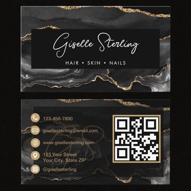 Modern Elegant Black Agate QR Code Business Card (Creator Uploaded)