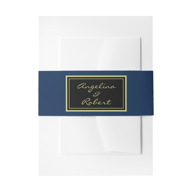 Modern Elegant Black and Blue Gold Script Wedding Invitation Belly Band (Front Example)