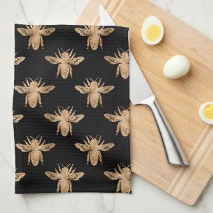 Modern Elegant Black and Gold Bee Pattern Kitchen  Kitchen Towel