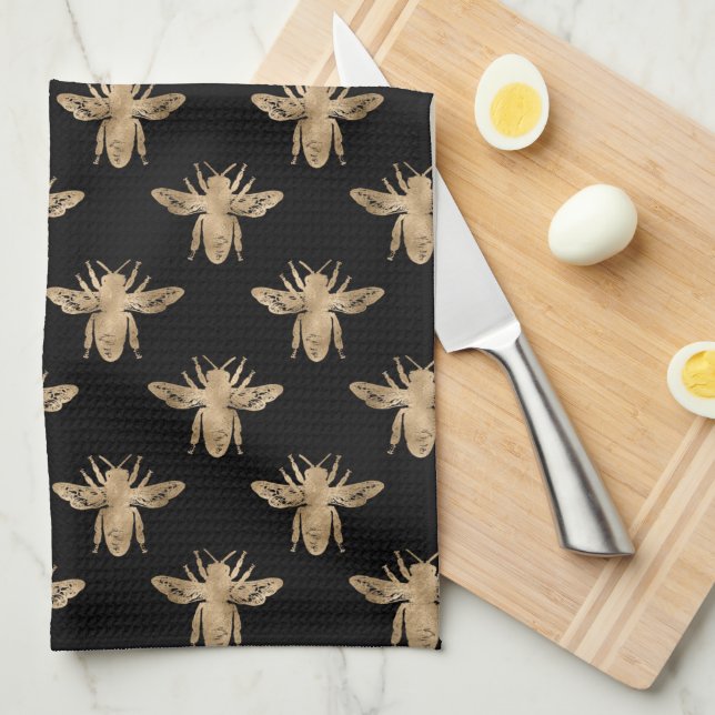 Modern Elegant Black and Gold Bee Pattern Kitchen  Kitchen Towel (Quarter Fold)