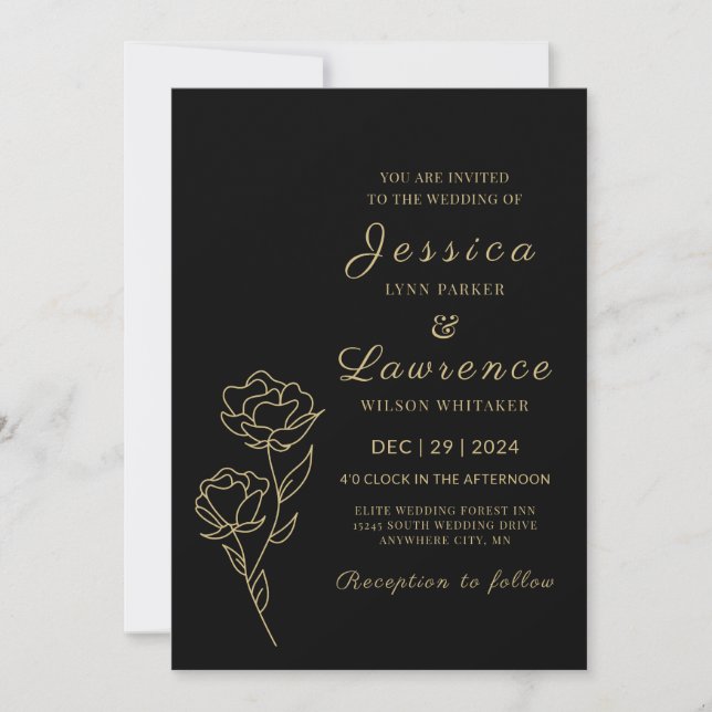 Modern Elegant black and gold Floral  Wedding  Invitation (Front)