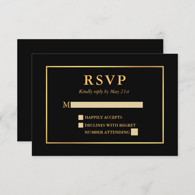 Modern Elegant Black and Gold Frame RSVP Card (Front/Back)
