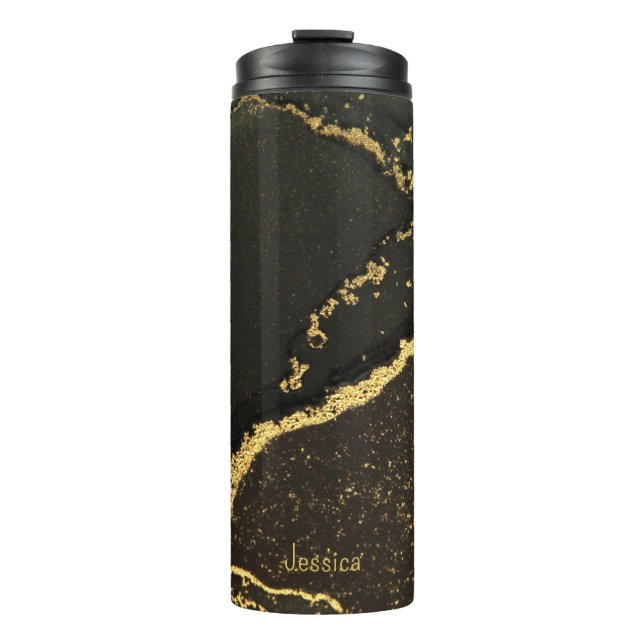 Modern Elegant Black and Gold Glitter name  Thermal Tumbler (Front)