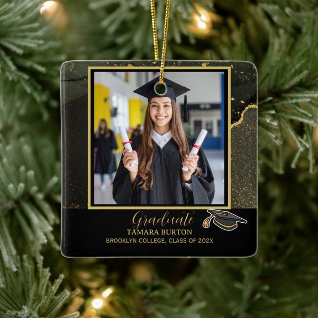 Modern Elegant Black and Gold Graduation photo Ceramic Ornament (Tree)