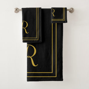 Modern Elegant Black and Gold Monogram Bath Towel Set