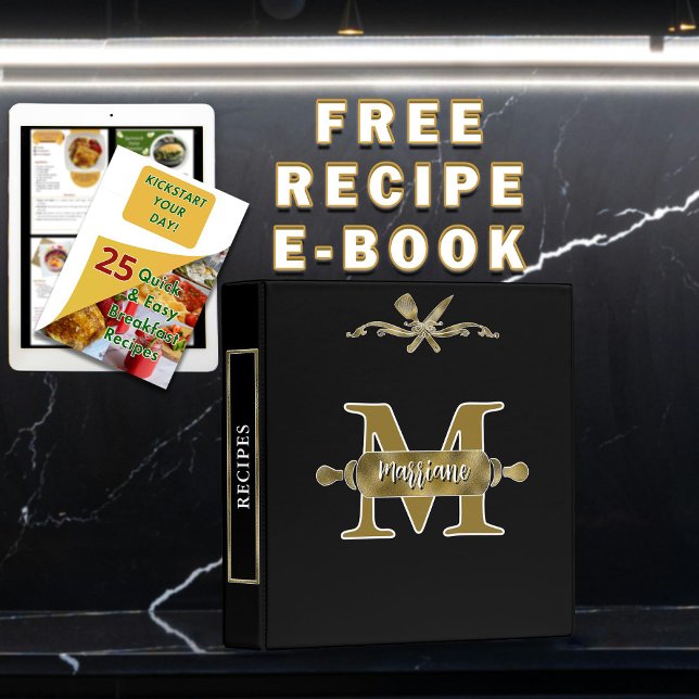 Modern Elegant Black and Gold Monogram Custom Name Binder (Creator Uploaded)
