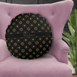 Modern Elegant Black And Gold Monogram Name Round Pillow