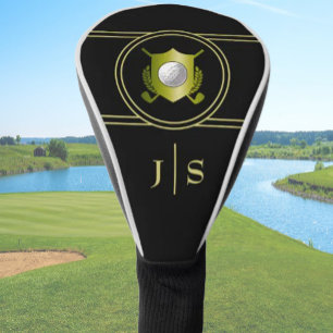Modern Elegant Black and Gold Monogrammed Crest Golf Head Cover