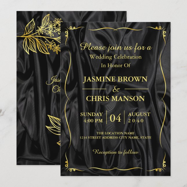 Modern Elegant Black And Gold Wedding Invitation (Front/Back)