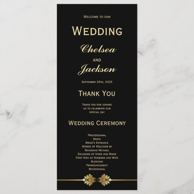 Modern Elegant Black and Gold Wedding Program (Front)