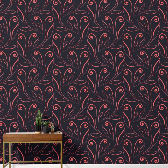   Modern & Elegant Black And Pink Foliage & Swirls Wallpaper (Hallway)