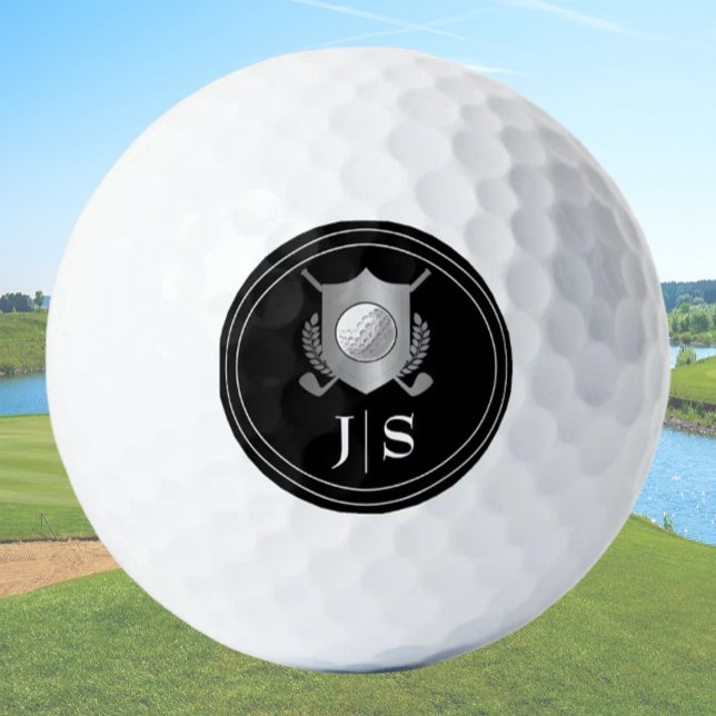 Modern Elegant Black and Silver Monogrammed Crest Golf Balls (Creator Uploaded)