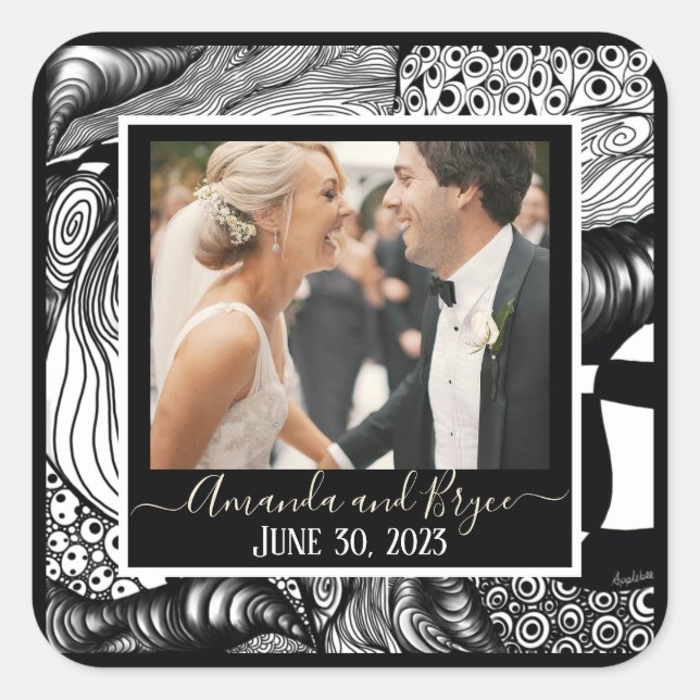 Modern elegant black and white design with photo square sticker (Front)