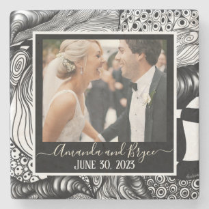 Modern elegant black and white design with photo stone coaster