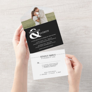 Modern Elegant Black and White Photo Wedding All In One Invitation