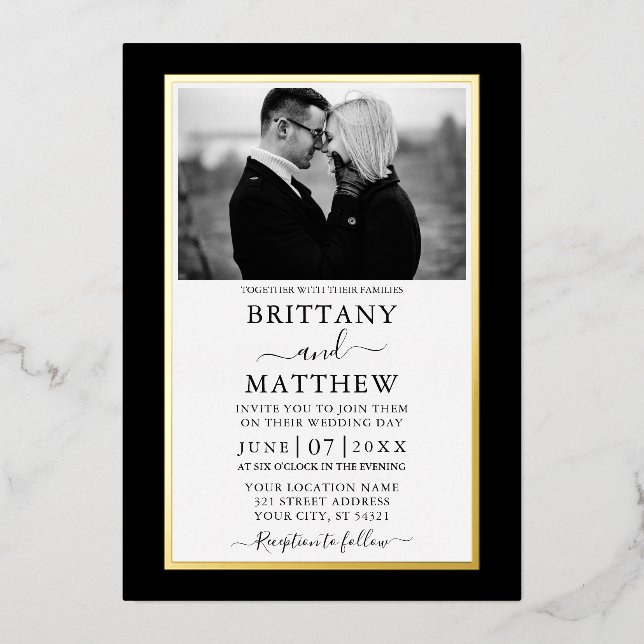 Modern Elegant Black and White Photo Wedding Gold (Front)