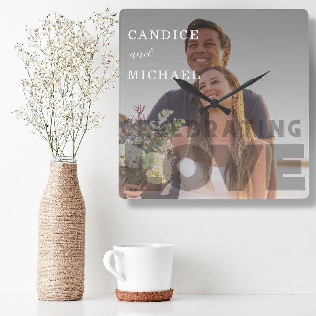 Modern Elegant Black And White Photo Wedding Square Wall Clock (Creator Uploaded)