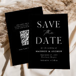 Modern Elegant Black and White QR Code Save The Date<br><div class="desc">Announce your upcoming nuptials in style with our elegant, modern QR code save the date card. The non-photo save the date features "Save the Date" in white serif and script fonts with a black background. Personalize the front of the save the date card by adding your names, wedding date, wedding...</div>