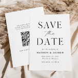 Modern Elegant Black and White QR Code Save The Date<br><div class="desc">Announce your upcoming nuptials in style with our elegant, modern QR code save the date card. The non-photo save the date features "Save the Date" in black serif and script fonts with a white background. Personalize the front of the save the date card by adding your names, wedding date, wedding...</div>