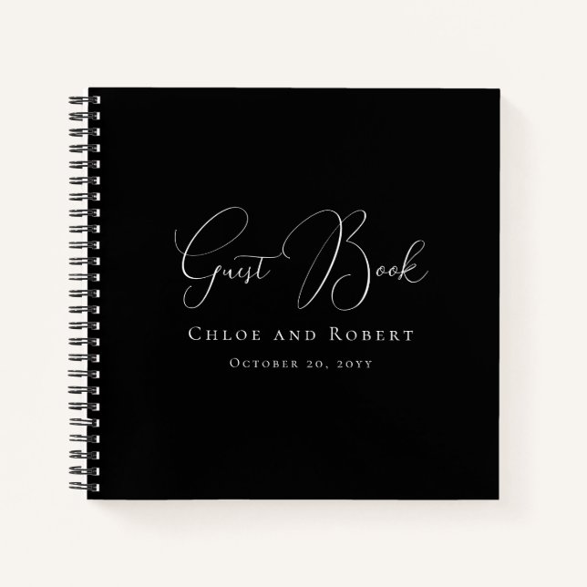 Modern Elegant Black and White Wedding Guest Book (Front)