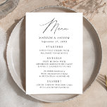 Modern Elegant Black and White Wedding Menu<br><div class="desc">Simple and elegant wedding menu featuring "Menu" displayed in a modern black script with a white background or colour of your choice. Personalize the wedding menu by adding your names,  wedding date,  and menu information. Designed to coordinate with our Modern Elegance wedding collection.</div>