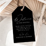 Modern Elegant Black and White Wedding Welcome Gift Tags<br><div class="desc">These elegant calligraphy wedding welcome gift tags are perfect for both casual and formal weddings. The design features a modern white calligraphy script with a black background or colour of your choice. Personalize the black and white wedding welcome gift tags with a short welcome message, your names, etc. The minimalist...</div>