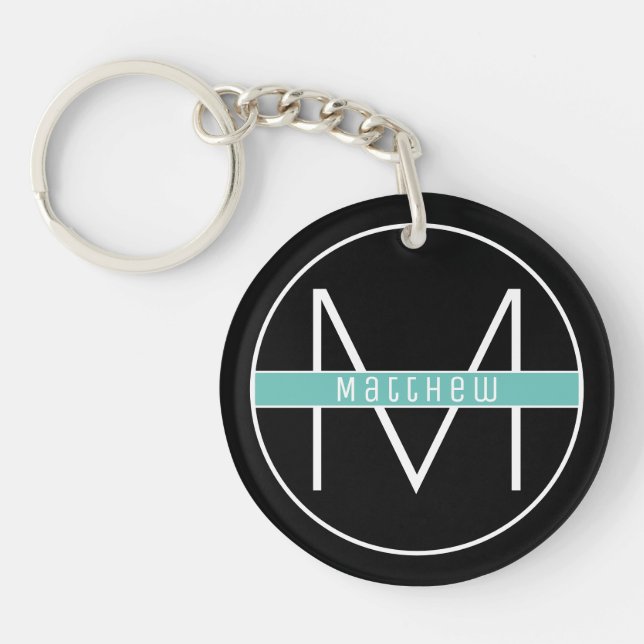 Modern Elegant Black & Blue Custom Name Monogram Keychain (Front)