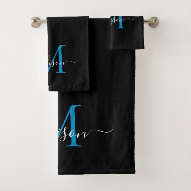 Modern Elegant Black Blue Monogram Script Name Bath Towel Set (Insitu)