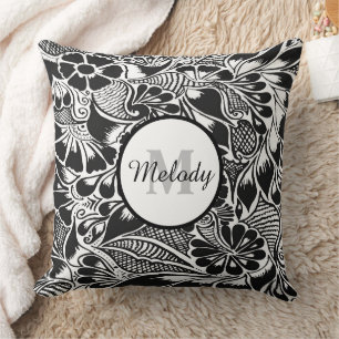 modern elegant black botanical floral mehndi throw pillow