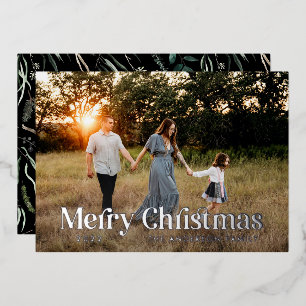 Modern elegant black botanical typography photo foil holiday card