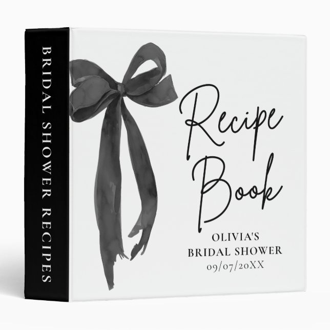 Modern Elegant Black Bow Bridal Shower Recipe Book Binder (Front/Spine)