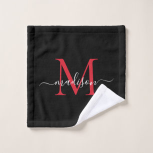 Modern Elegant Black Burgundy Red Monogram Script Wash Cloth