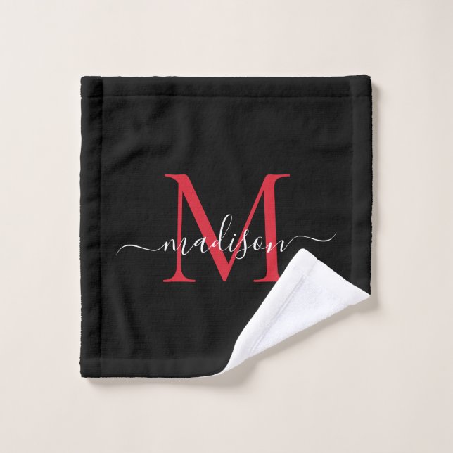Modern Elegant Black Burgundy Red Monogram Script Wash Cloth (Wash Cloth)