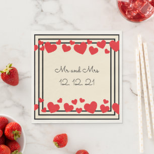 Modern Elegant Black Cream Red Love Heart Wedding Napkin