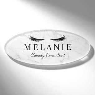 Modern Elegant Black Eyelash Marble Cosmetologist Name Tag